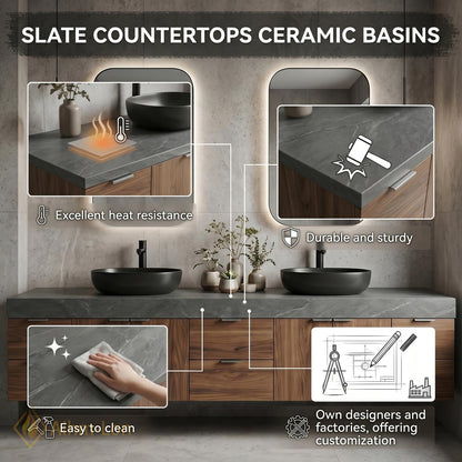 74''-96'' Double Bathroom Vanity with Sink Modern Floating Stone Countertop Storage Wide