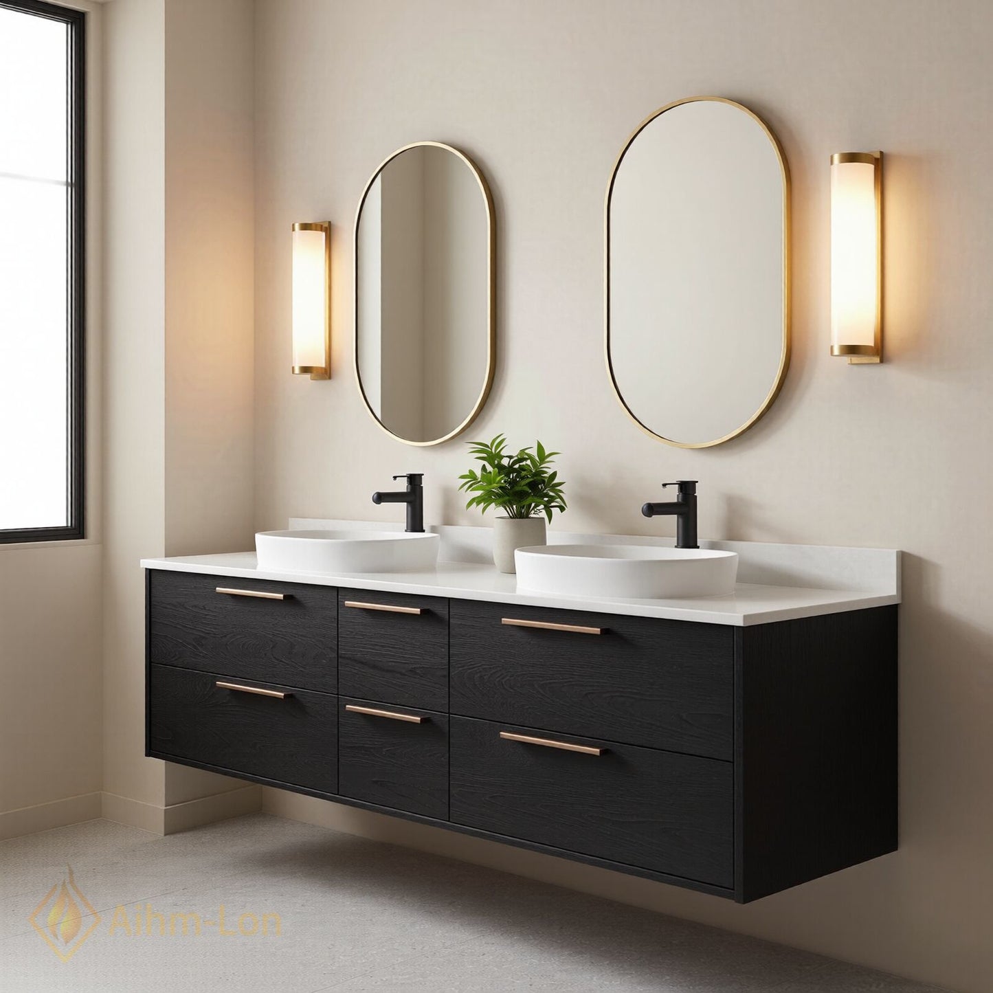 60''-96'' Modern Bathroom Vanity with Sink Floating Charcoal Wood Grain White Oval Mirrors