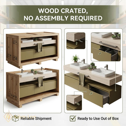 60''-96'' Double Bathroom Vanity with Sink Stone Top Wood Base Open Shelving