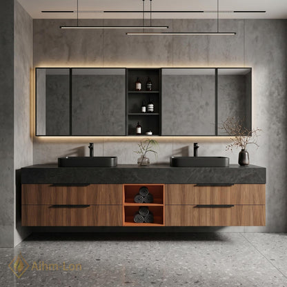 60''-96'' Double Bathroom Vanity with Sink Floating Dark Stone Top Walnut Drawers