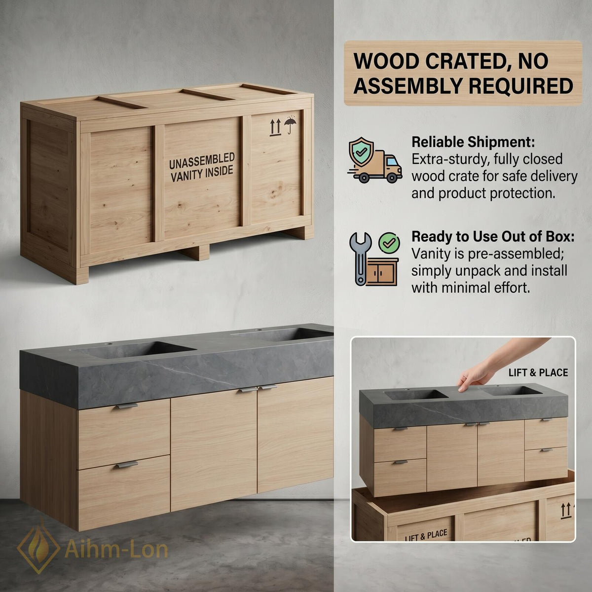 60''-96'' Double Bathroom Vanity with Sink Floating Oak Finish Slatted Open Shelving