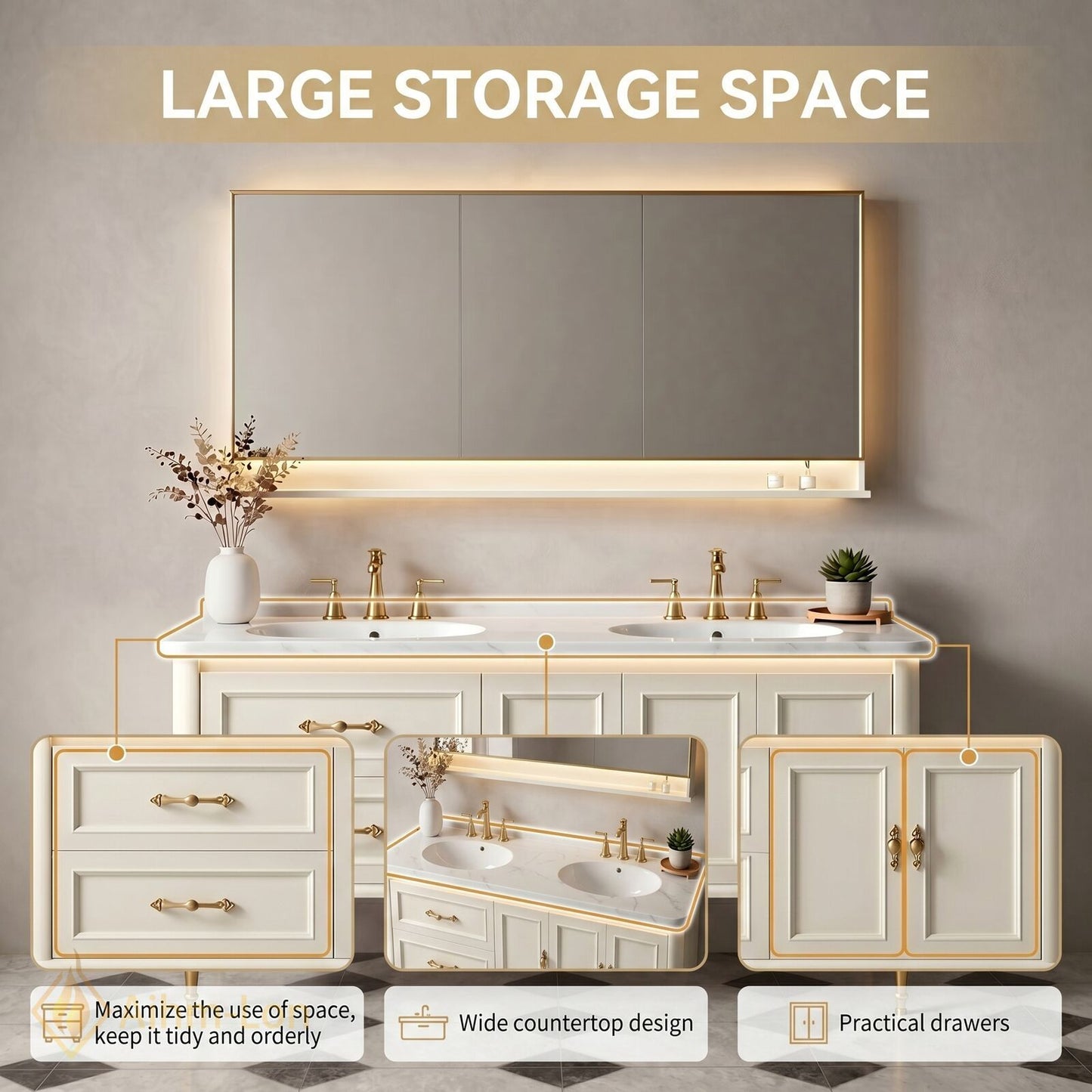 60''-96'' Elegant Bathroom Vanity with Sink Double Sink Marble-Like Top Panel Mirror