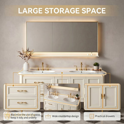 60''-96'' Elegant Bathroom Vanity with Sink Double Sink Marble-Like Top Panel Mirror