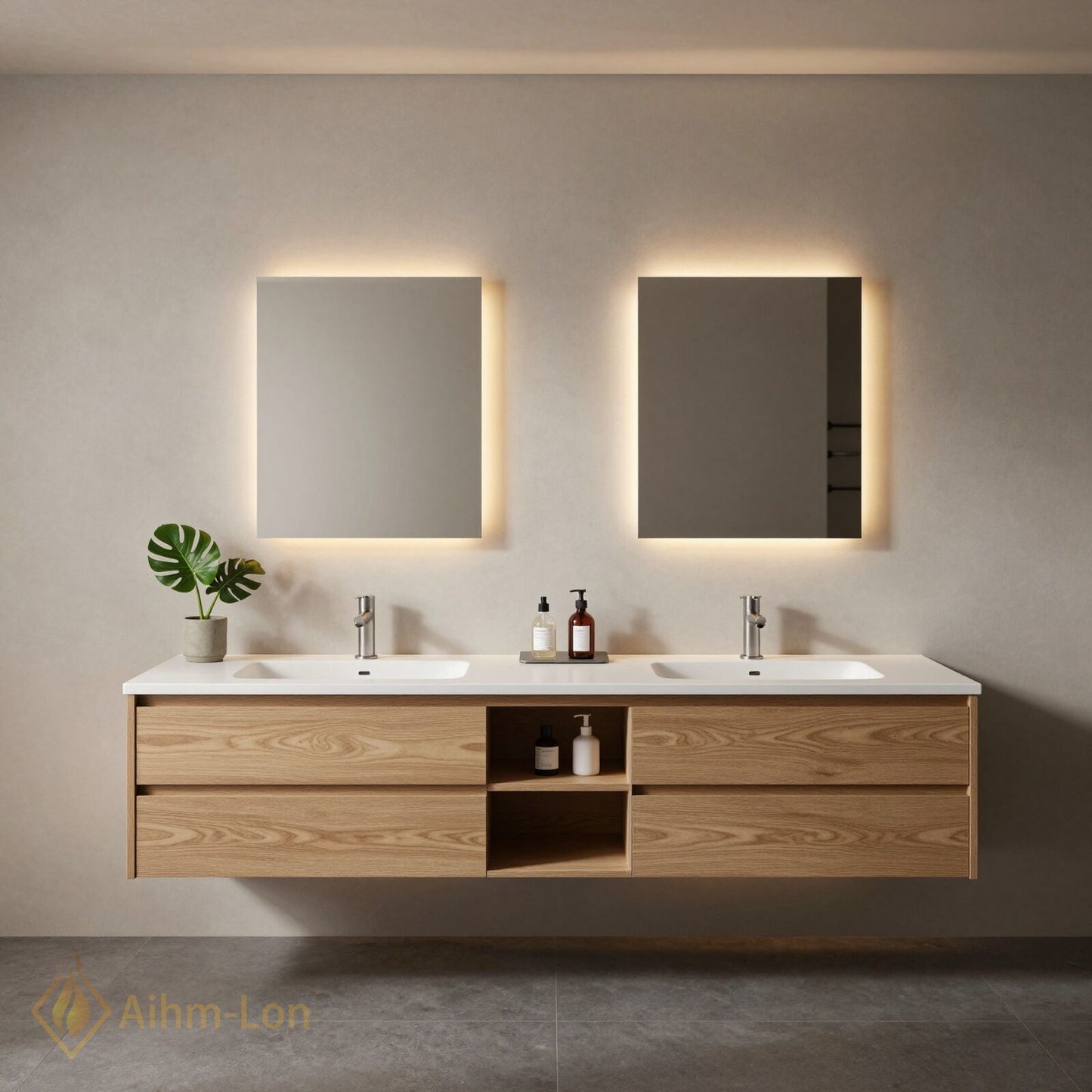60''-96'' Sleek Bathroom Vanity with Sink Double Sink Wood Grain Central Open Shelf