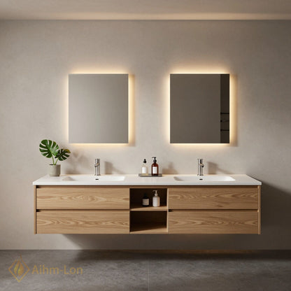 60''-96'' Sleek Bathroom Vanity with Sink Double Sink Wood Grain Central Open Shelf