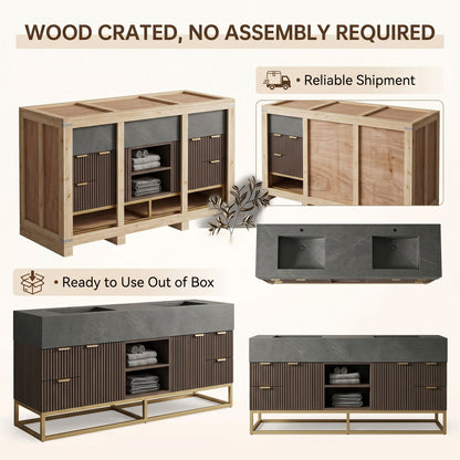 70''-96'' Modern Bathroom Vanity with Sink Slatted Wood Front Dark Grey Top