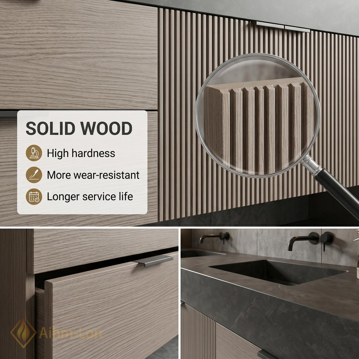 60''-96'' Modern Double Bathroom Vanity with Sink Floating Dark Wood Center Shelving