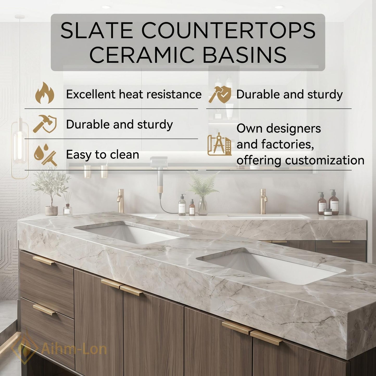 70''-96'' Double Bathroom Vanity with Sink Modern Marble Textured Top Slatted Panel