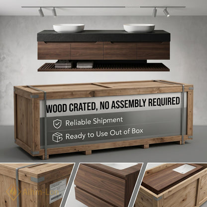 60''-96'' Double Bathroom Vanity with Sink Dark-Walnut Modern Floating Slatted Base