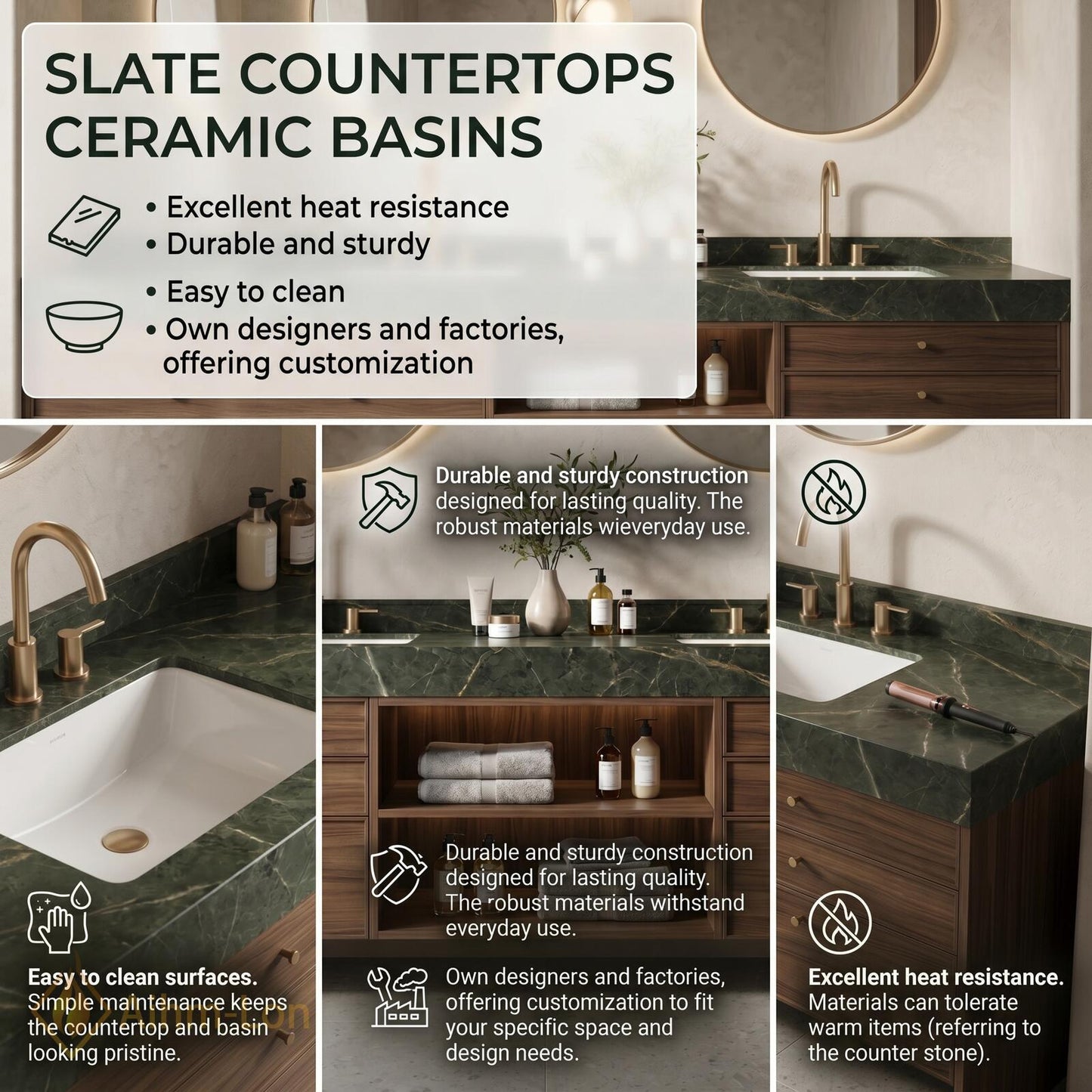 60''-96'' Double Bathroom Vanity with Sink Dark-Walnut Green Floating Open Stone