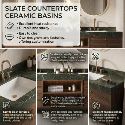 60''-96'' Double Bathroom Vanity with Sink Dark-Walnut Green Floating Open Stone