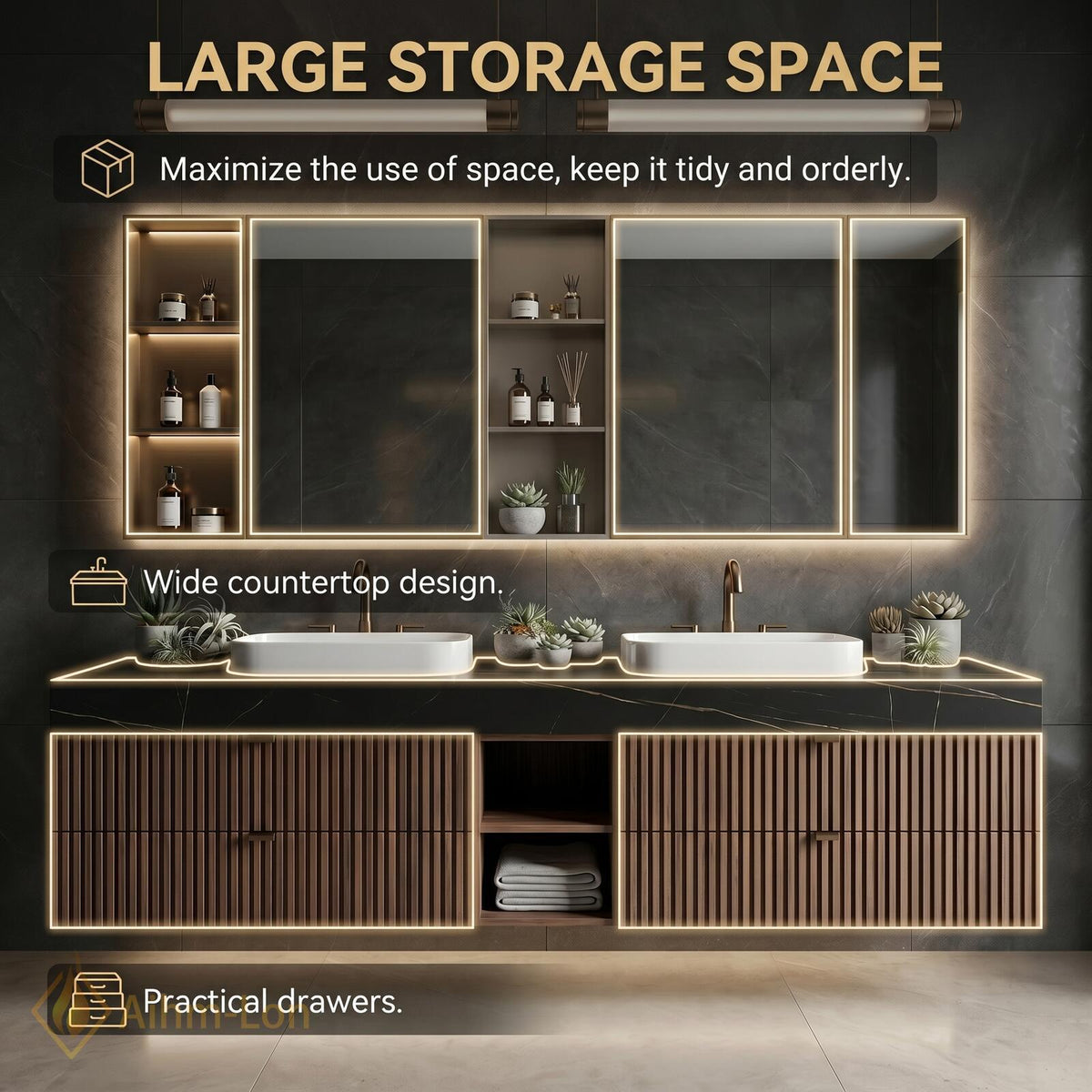 72''-96'' Double Bathroom Vanity with Sink Floating Double Dark Walnut Slatted Doors