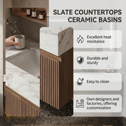 60''-96'' Modern Bathroom Vanity with Sink Double Dark Walnut Slatted Center Panel