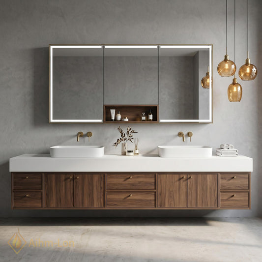 76''-96'' Modern Double Bathroom Vanity with Sink Dark Walnut Slatted Panel Finish