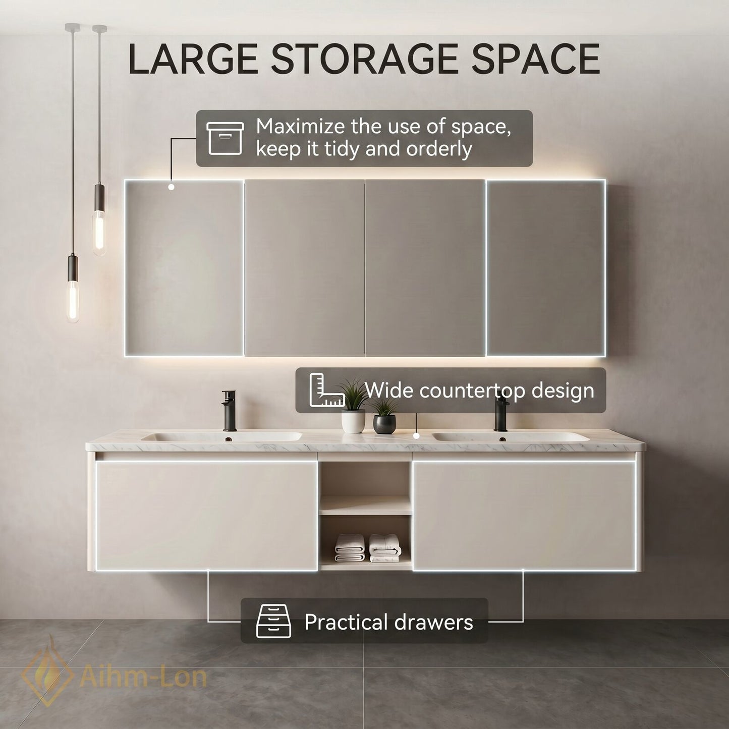 60''-96'' Floating Bathroom Vanity with Sink Dual Basin Center Shelving Soft Matte Finish