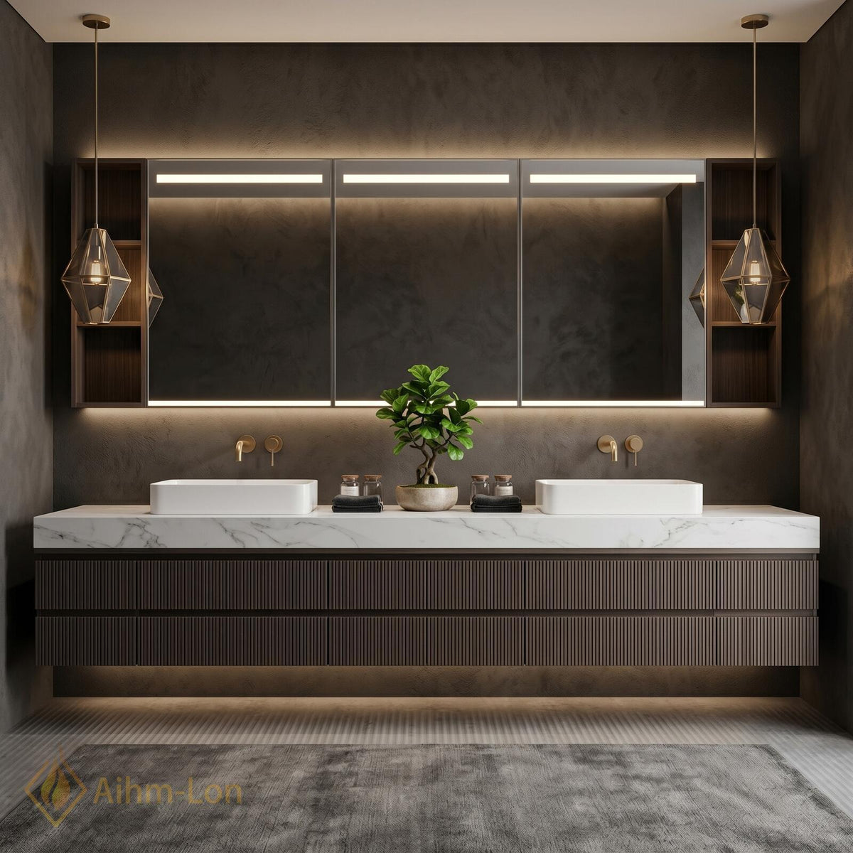 60''-96'' Double Bathroom Vanity with Sink Floating Dark Walnut Slatted Center Panel