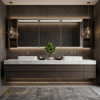 60''-96'' Double Bathroom Vanity with Sink Floating Dark Walnut Slatted Center Panel