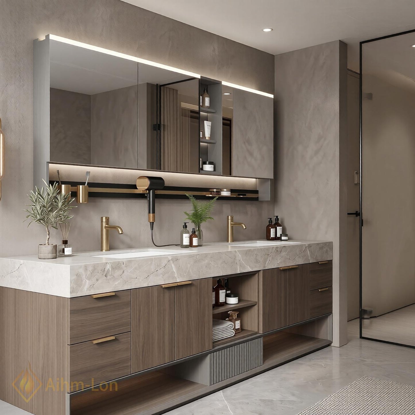 70''-96'' Double Bathroom Vanity with Sink Modern Marble Textured Top Slatted Panel