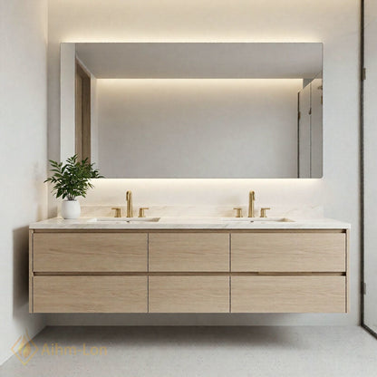 60''-96'' Modern Bathroom Vanity with Sink Floating Marble Texture Anti-Fog Drawers