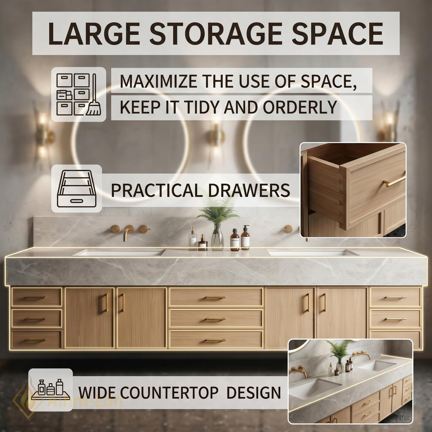 76''-96'' Double Bathroom Vanity with Sink Natural-Wood Modern Floating Stone-Top