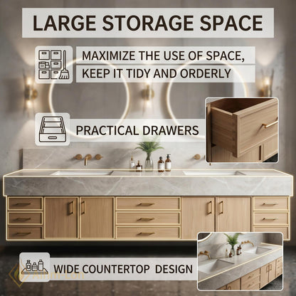 76''-96'' Double Bathroom Vanity with Sink Natural-Wood Modern Floating Stone-Top
