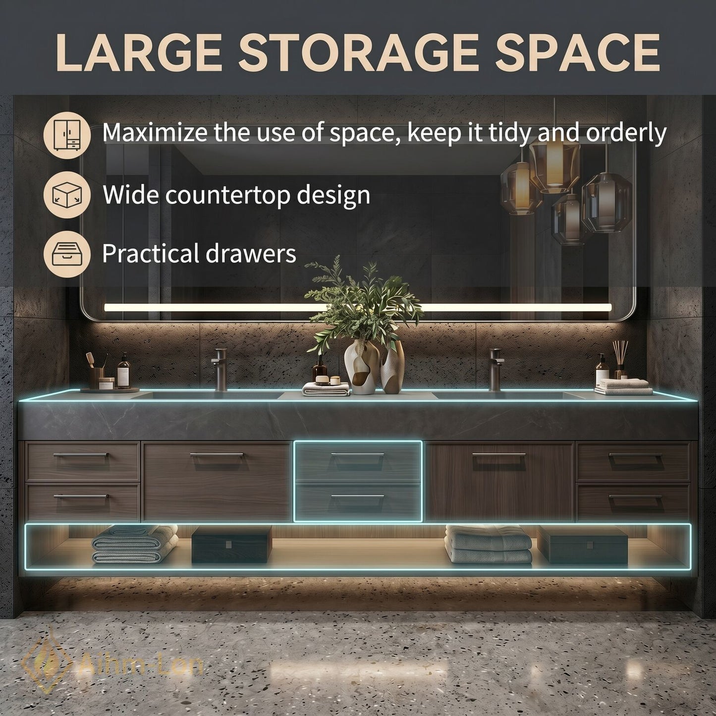 76''-96'' Double Bathroom Vanity with Sink Floating Storage Drawers Dark Stone Texture