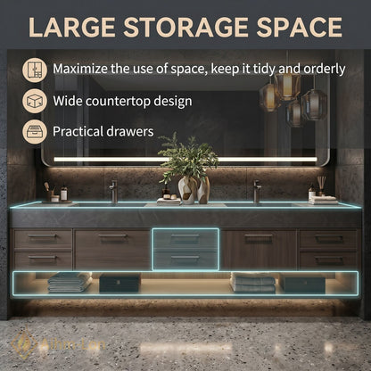 76''-96'' Double Bathroom Vanity with Sink Floating Storage Drawers Dark Stone Texture