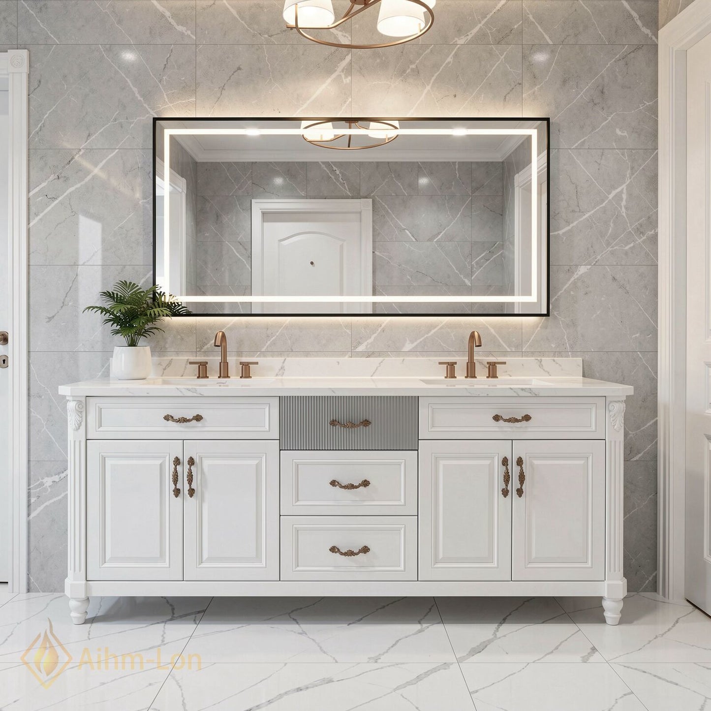 72''-96'' Modern Bathroom Vanity with Sink White Stone Textured Gray Drawer Cabinet