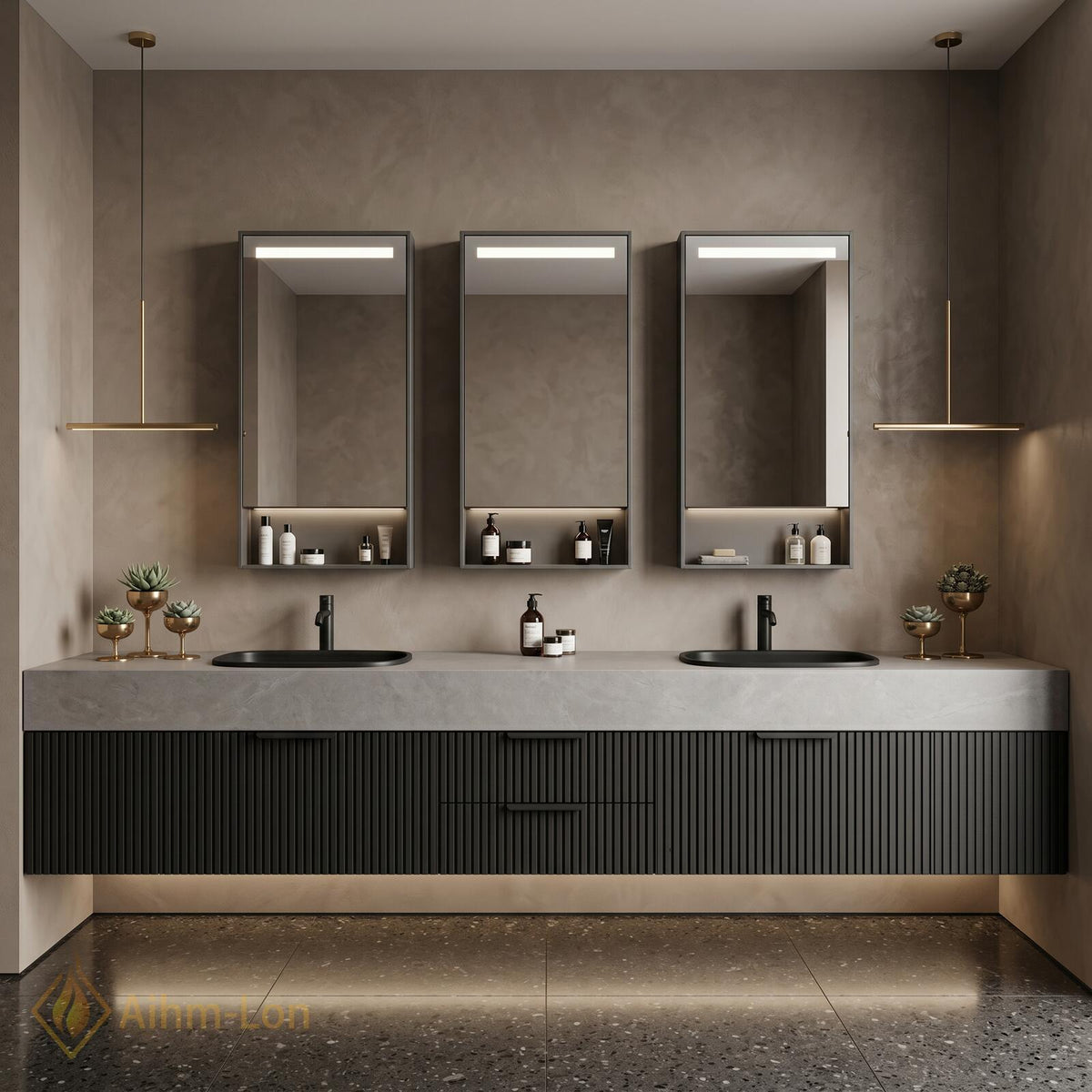 60''-96'' Bathroom Vanity with Sink Floating Slat-Panel Lower Doors Solid Wood Base