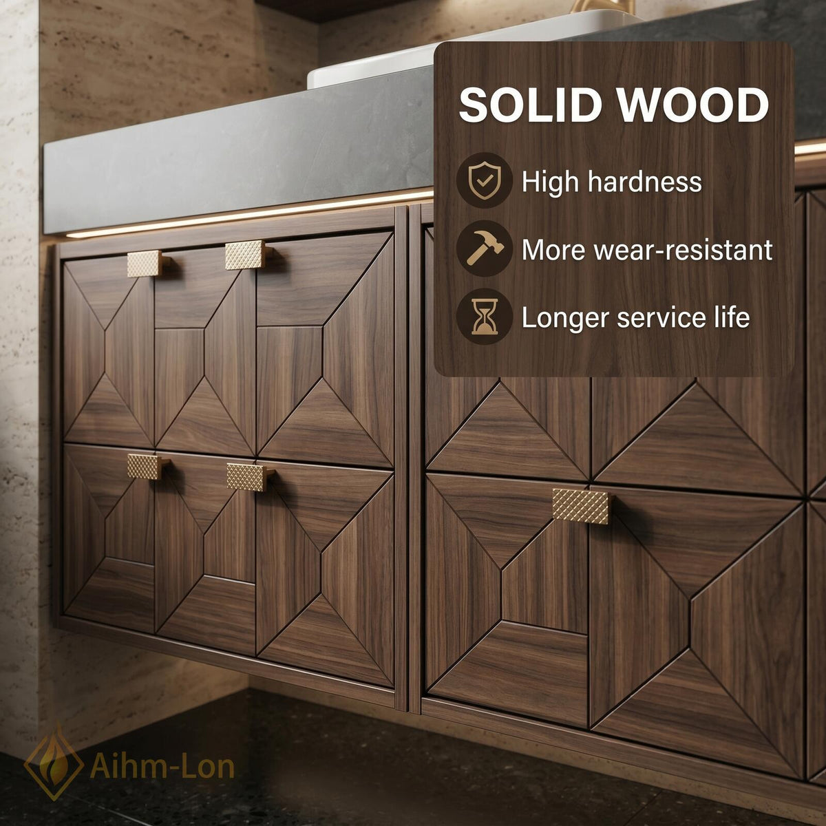 60''-96'' Double Bathroom Vanity with Sink Modern Floating Geometric Walnut Doors Side