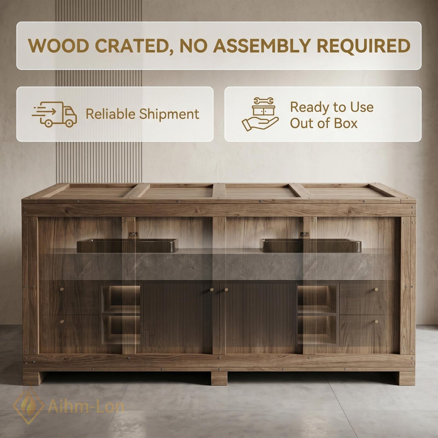 72''-96'' Double Bathroom Vanity with Sink Dark-Walnut Slatted-Panel Floating Elegant
