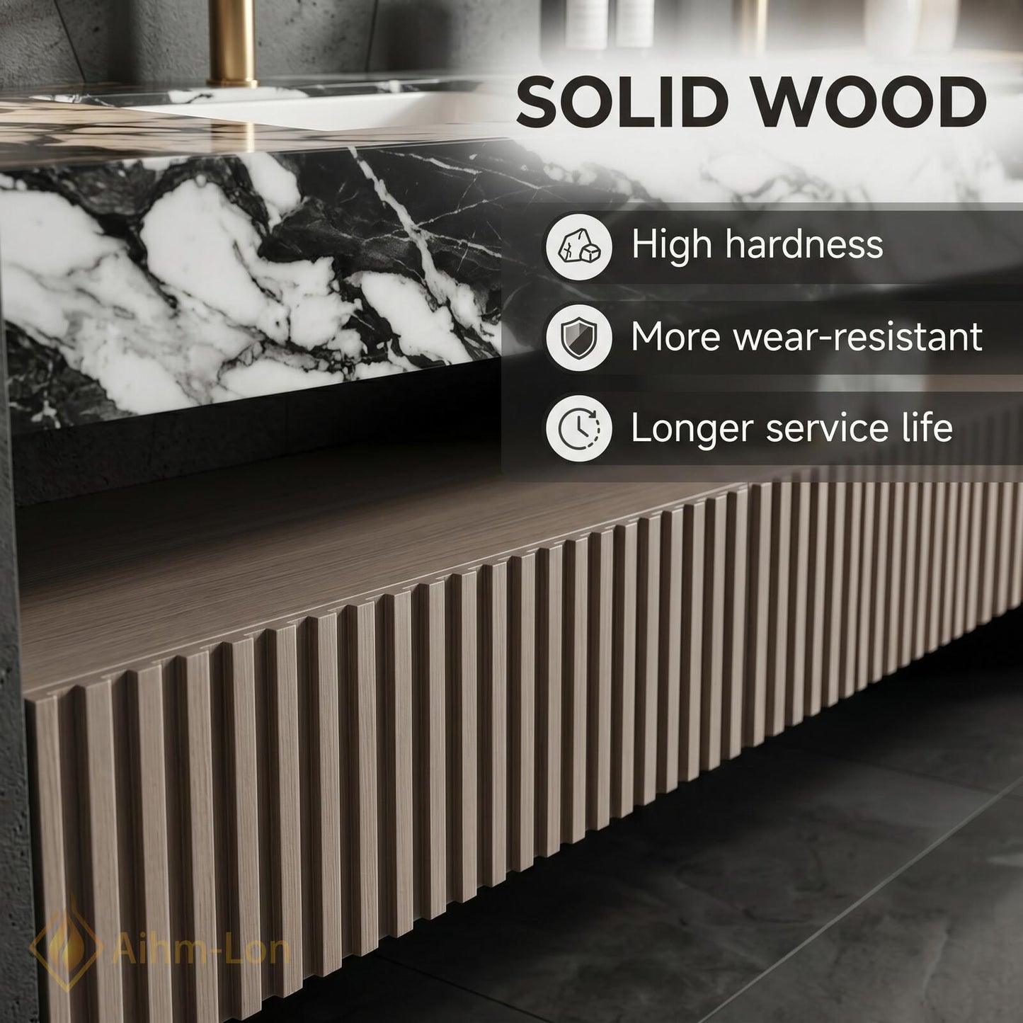 60''-96'' Double Bathroom Vanity with Sink Modern Floating Marble Top Ribbed Front