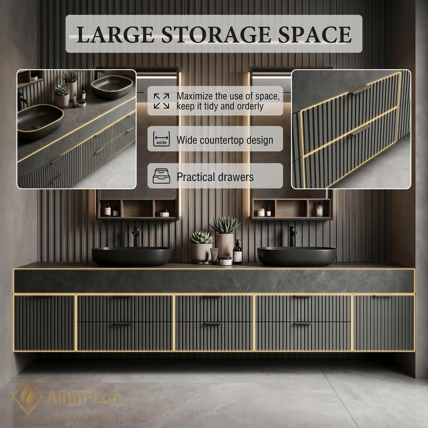 76''-96'' Modern Double Bathroom Vanity with Sink Dark Stone Slatted Front Panels