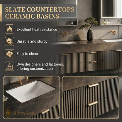 60''-96'' Double Bathroom Vanity with Sink Slatted Front Dark Stone Finish Storage