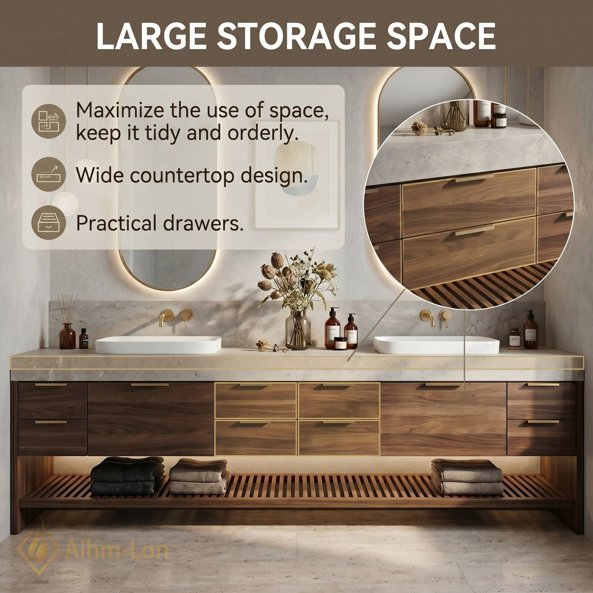 78''-96'' Double Bathroom Vanity with Sink Grey Stone Look Countertop Wood Drawers