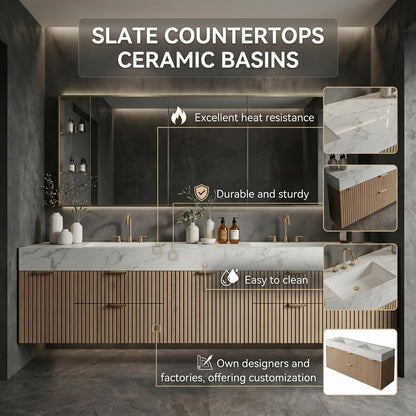 60''-96'' Double Bathroom Vanity with Sink Floating Warm Oak Slatted Finish Open Shelving