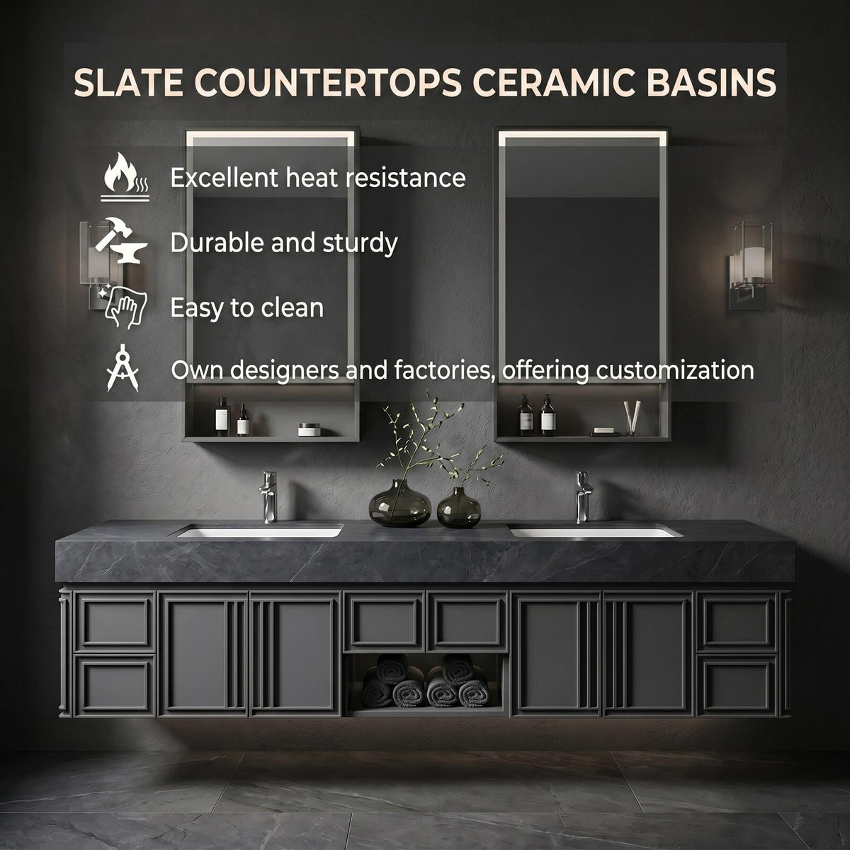 60''-96'' Double Bathroom Vanity with Sink Modern Geometric Framed Charcoal Marble-finish