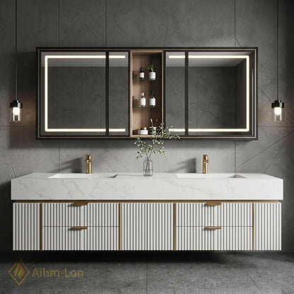 78''-96'' Bathroom Vanity with Sink Floating Double Fluted Marble Effect