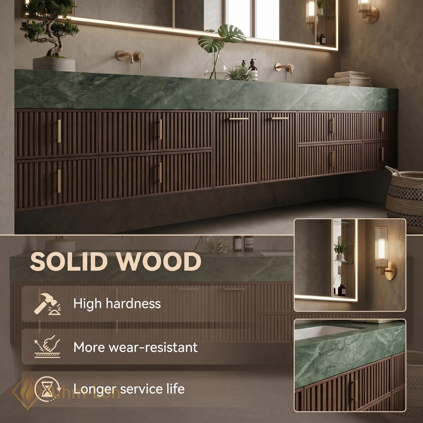 72''-96'' Double Bathroom Vanity with Sink Dark-Walnut Green Modern Floating Slatted