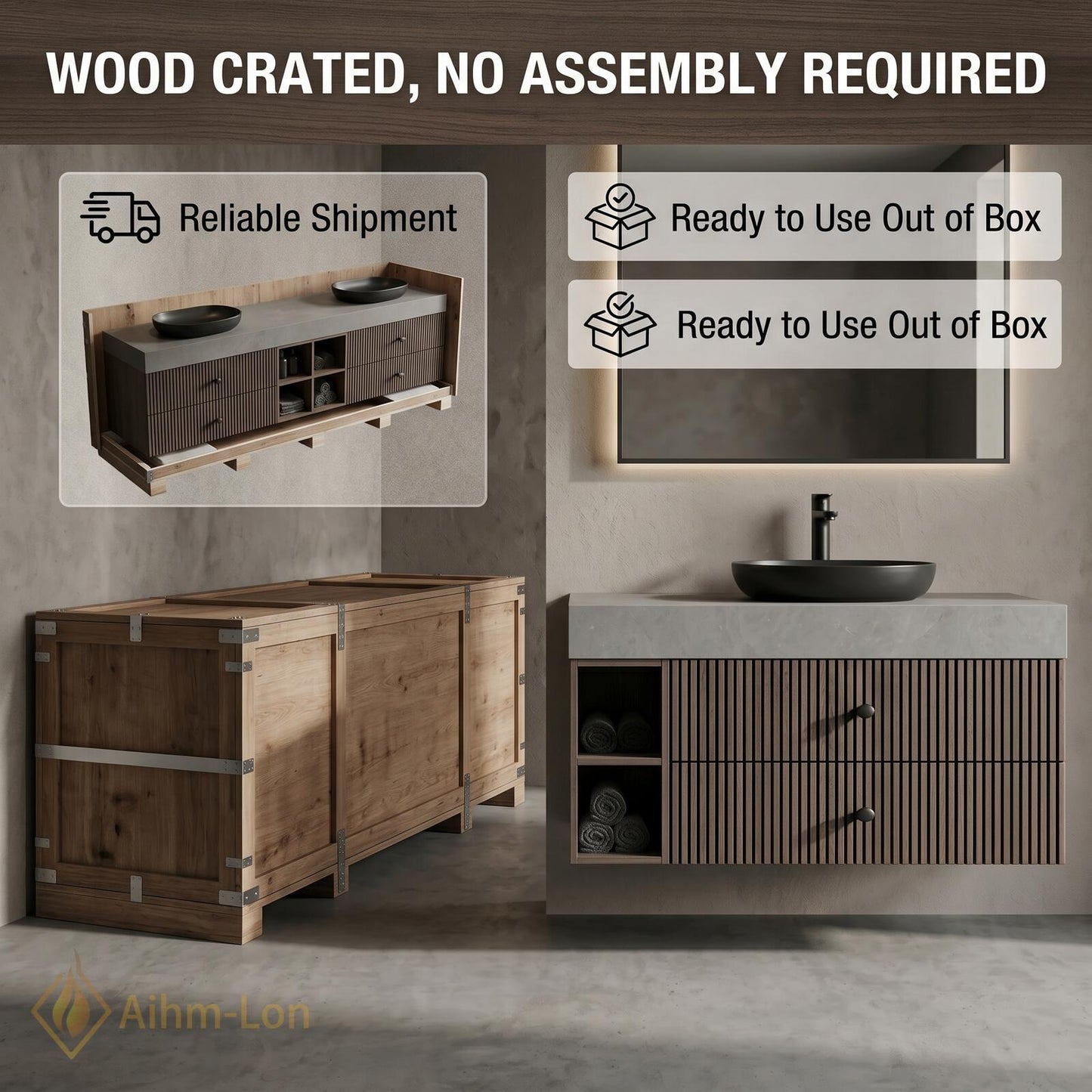 60''-96'' Double Bathroom Vanity with Sink Modern Dark Walnut Slatted Center Panel