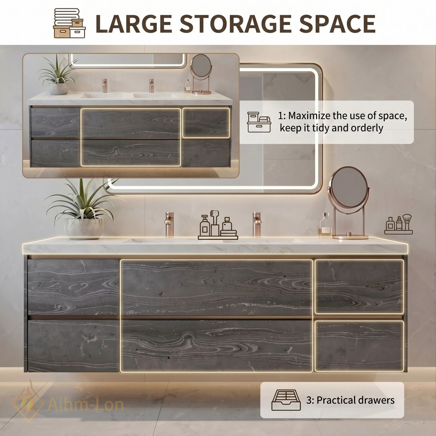 60''-96'' Floating Bathroom Vanity with Sink Charcoal Grey Marble-Style Drawers Cabinet
