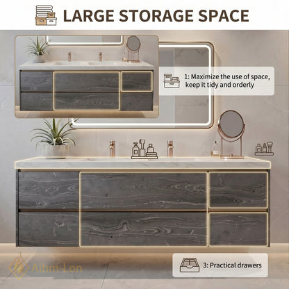 60''-96'' Floating Bathroom Vanity with Sink Charcoal Grey Marble-Style Drawers Cabinet