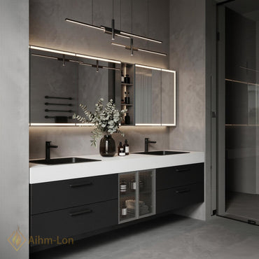 60''-96'' Double Bathroom Vanity with Sink Charcoal Modern Floating Fluted Glass Doors