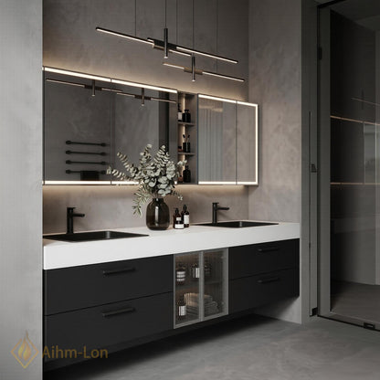 60''-96'' Double Bathroom Vanity with Sink Charcoal Modern Floating Fluted Glass Doors
