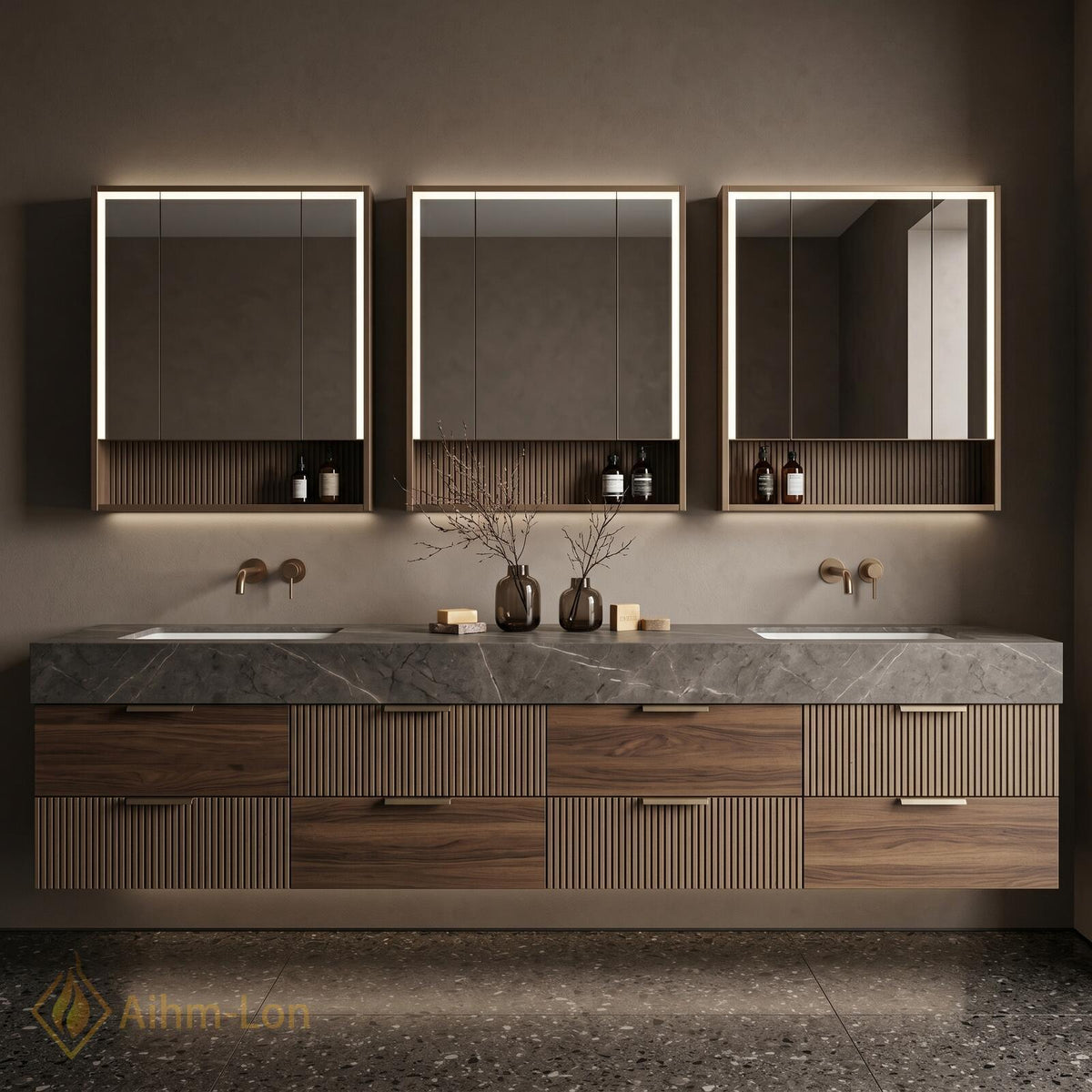 60''-96'' Double Bathroom Vanity with Sink Matte Grey Slatted Side Panels Shelving