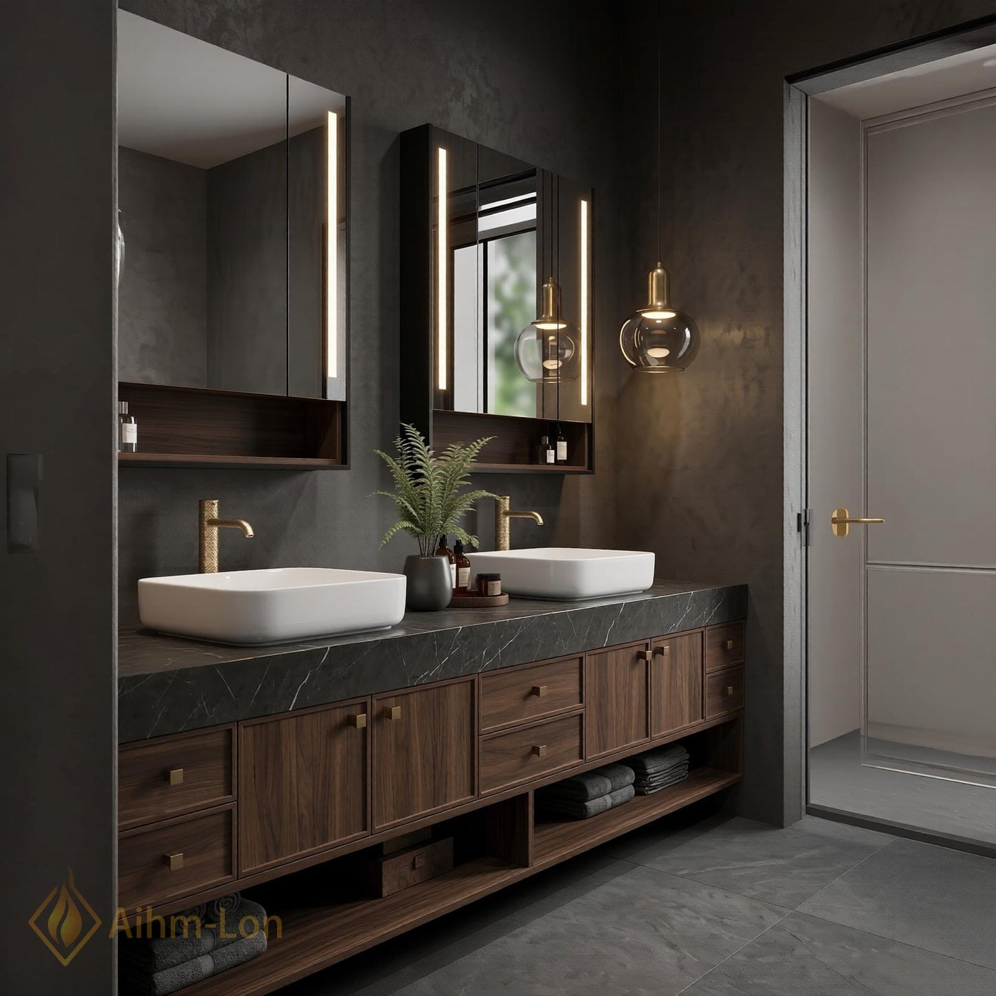70''-96'' Bathroom Vanity with Sink Modern Floating Dark Walnut Open Center Shelving