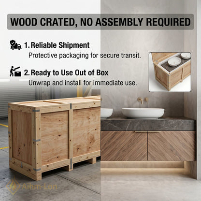 60''-96'' Double Bathroom Vanity with Sink Herringbone Wood Panels Dark Stone Countertop