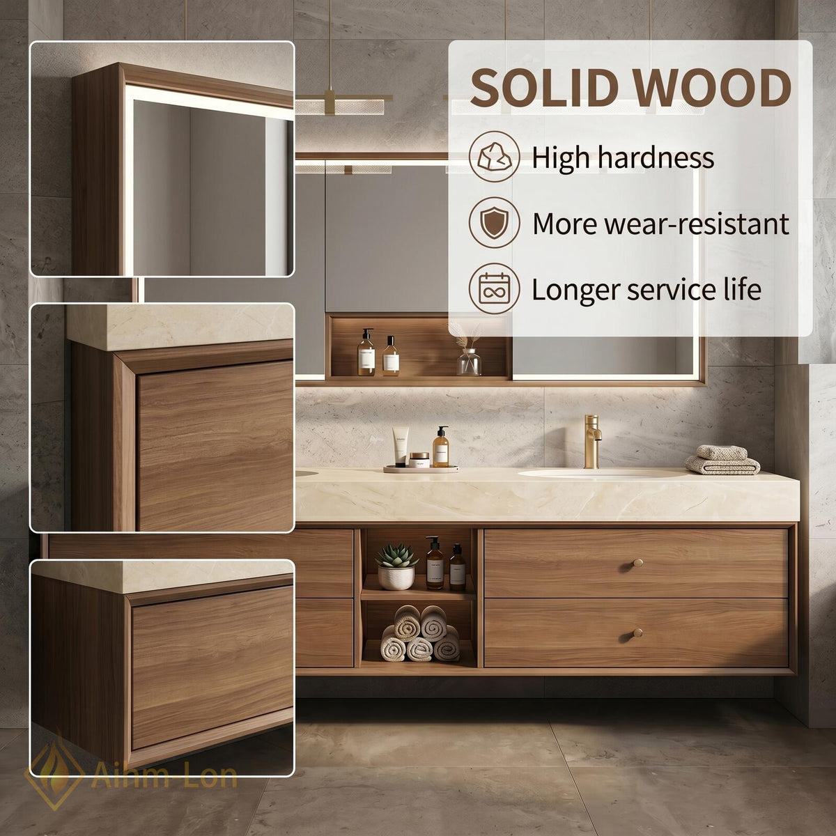60''-96'' Double Bathroom Vanity with Sink Wall-Mounted Natural Wood Grain Finish Shelving