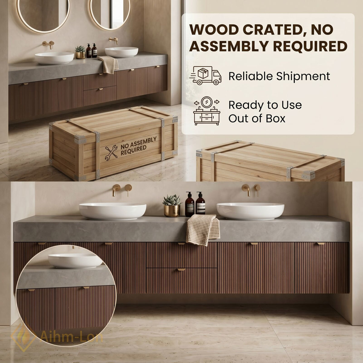60''-96'' Double Bathroom Vanity with Sink Ribbed Wood Panels Warm Walnut Finish