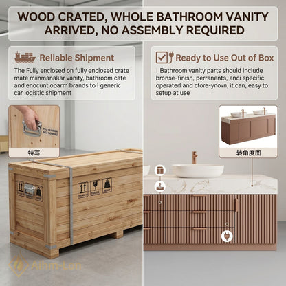 76''-96'' Double Bathroom Vanity with Sink Wood Slatted Front Wide Marble Top